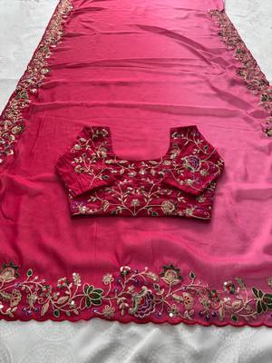 Ombre Pink clr Embroidery Cutwork saree with heavy work blouse 5