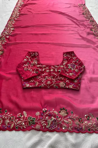 Ombre Pink clr Embroidery Cutwork saree with heavy work blouse
