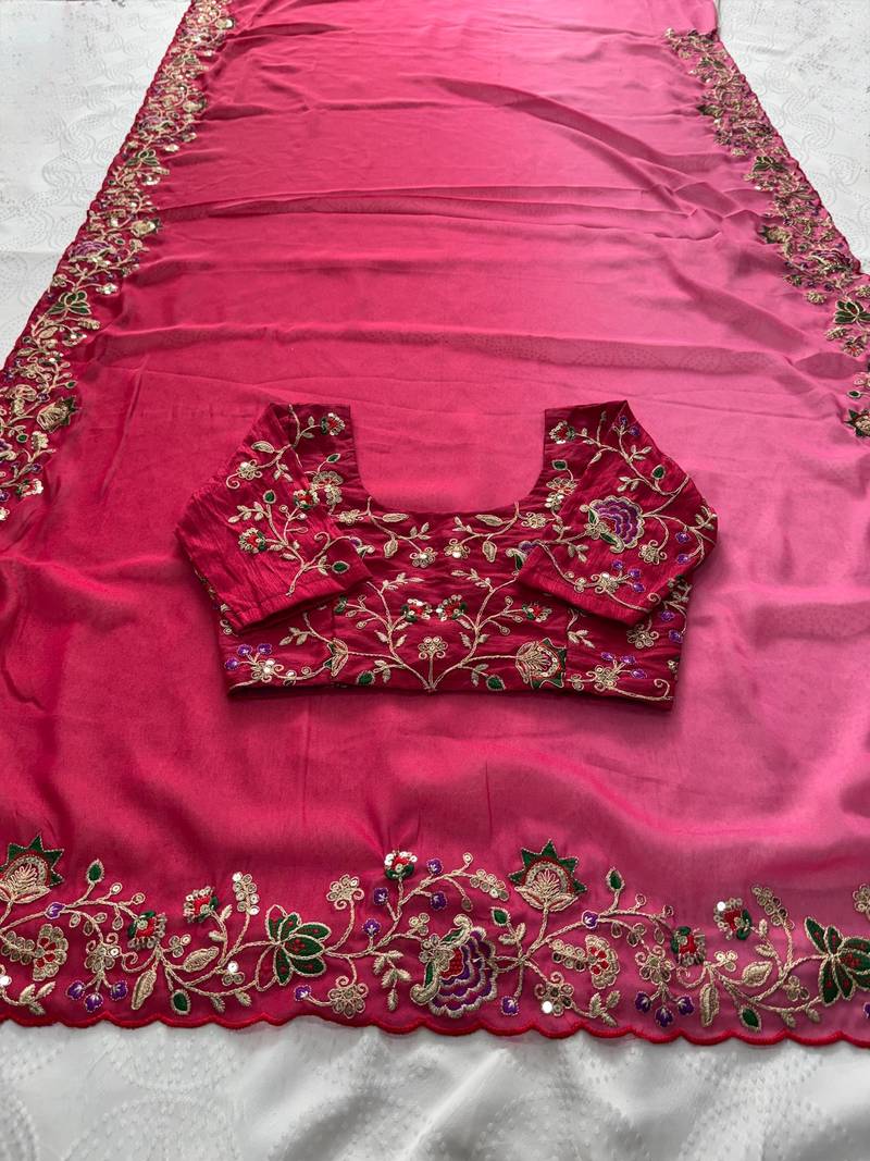 Ombre Pink clr Embroidery Cutwork saree with heavy work blouse