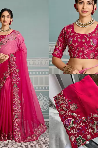 Ombre Pink clr Embroidery Cutwork saree with heavy work blouse
