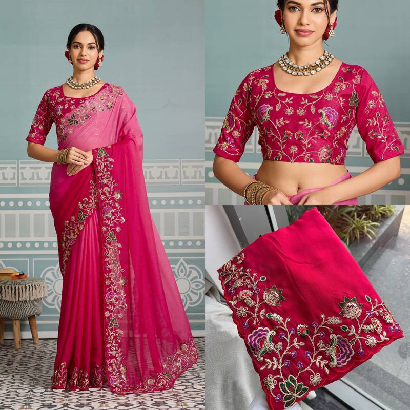 Ombre Pink clr Embroidery Cutwork saree with heavy work blouse