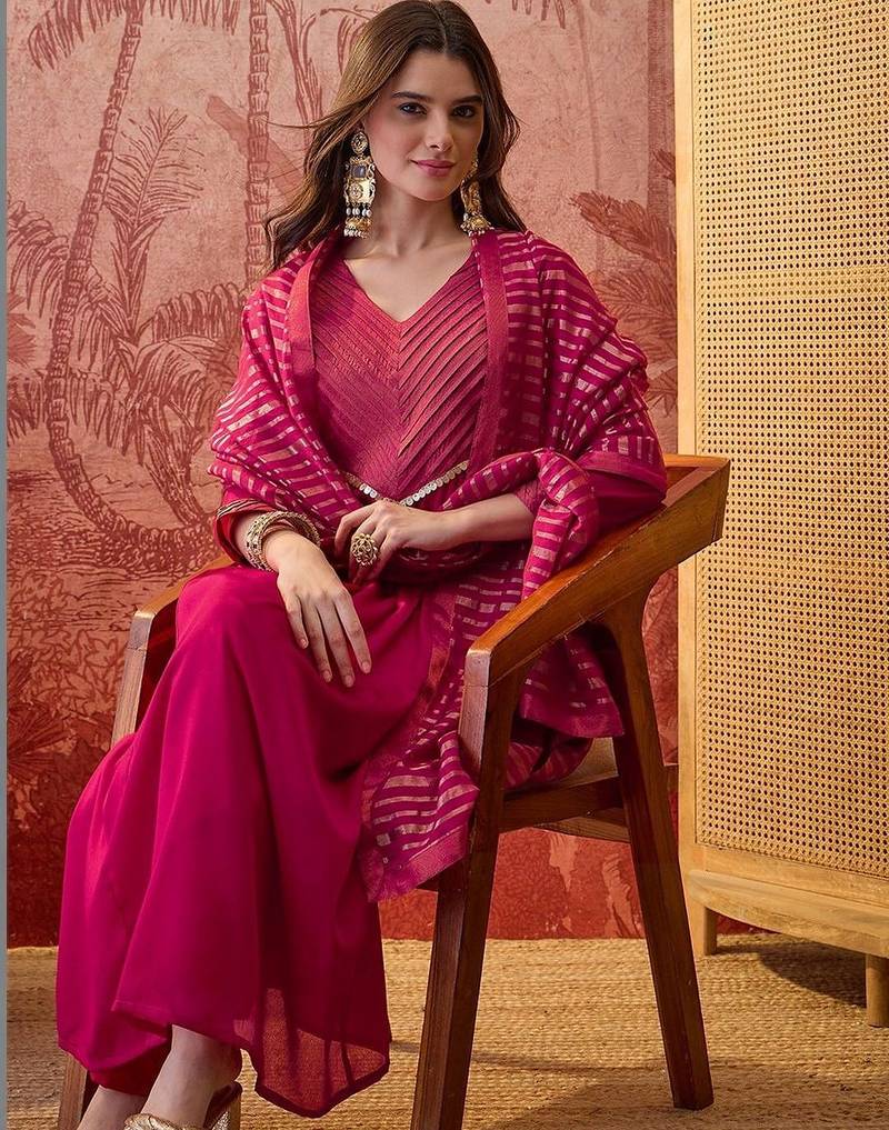 women lace embroidered v-neck kurta & trousers with dupatta