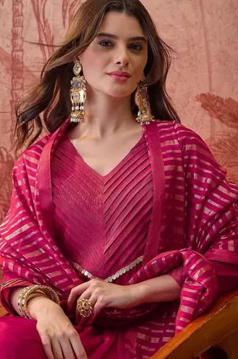 women lace embroidered v-neck kurta & trousers with dupatta