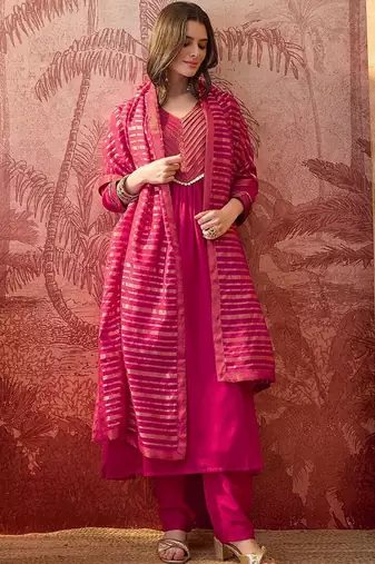 women lace embroidered v-neck kurta & trousers with dupatta