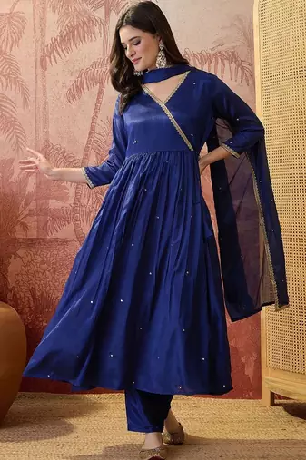 embroidered v-neck kurta & trousers kurta set