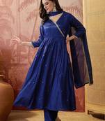 embroidered v-neck kurta & trousers kurta set