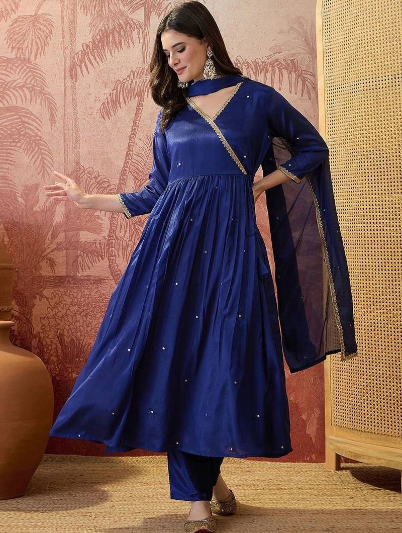 embroidered v-neck kurta & trousers kurta set