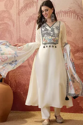embroidered v-neck kurta trousers & dupatta