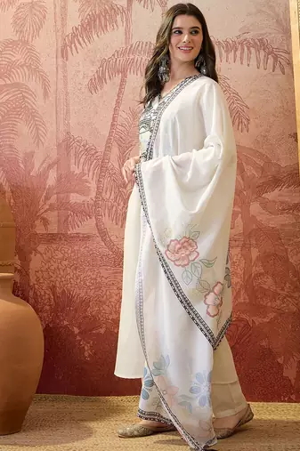 embroidered v-neck kurta trousers & dupatta