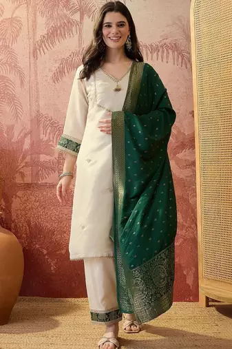 embroidered v-neck kurta & trousers with dupatta