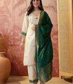 embroidered v-neck kurta & trousers with dupatta