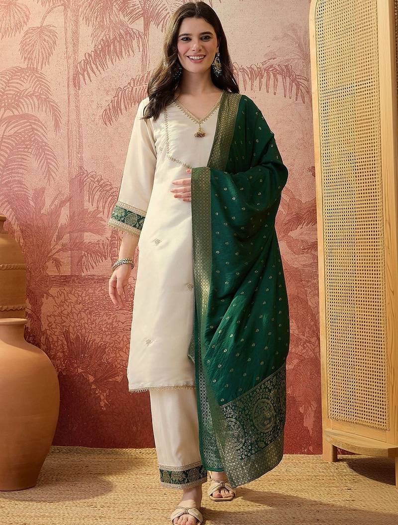 embroidered v-neck kurta & trousers with dupatta
