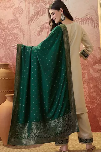embroidered v-neck kurta & trousers with dupatta