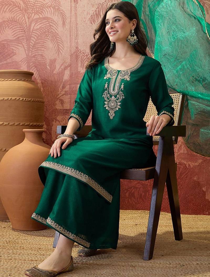 embroidered round neck kurta & palazzos kurta set
