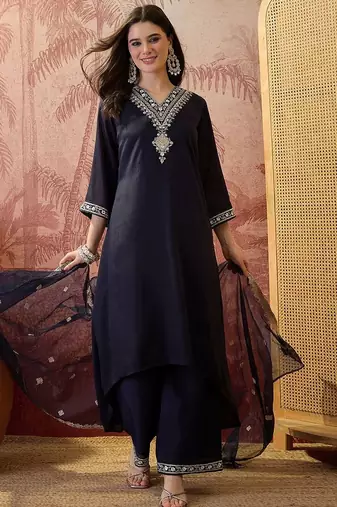 embroidered v-neck kurta & palazzos with dupatta