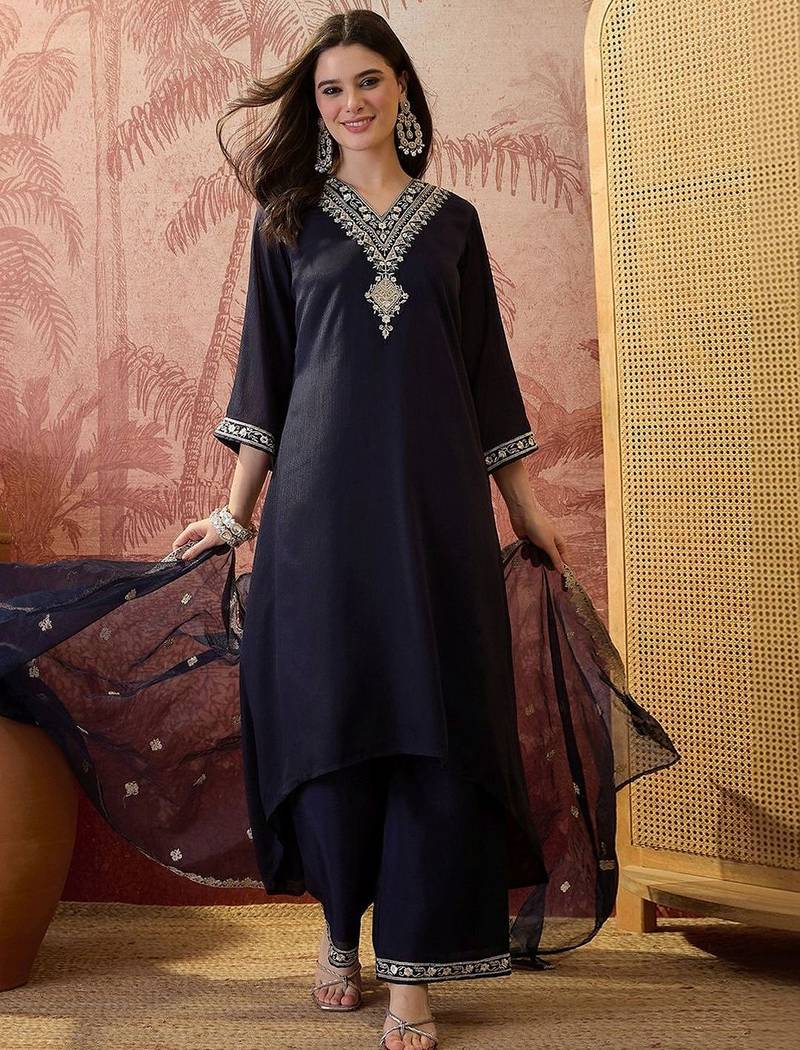 embroidered v-neck kurta & palazzos with dupatta