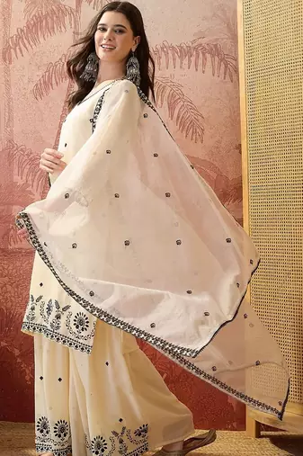 embroidered round neck kurta & sharara kurta set