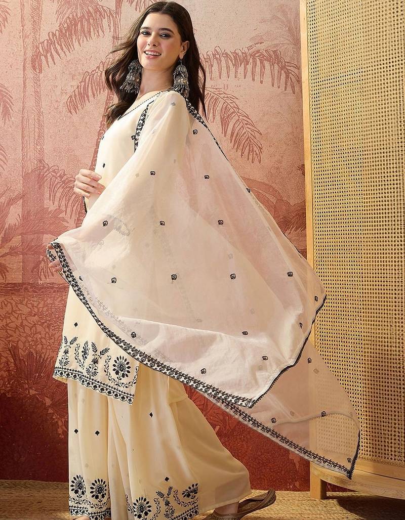 embroidered round neck kurta & sharara kurta set
