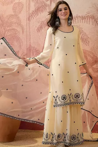 embroidered round neck kurta & sharara kurta set