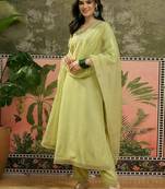 embroidered v-neck kurta & trousers with dupatta