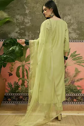 embroidered v-neck kurta & trousers with dupatta