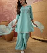 embroidered round neck kurti & palazzos with dupatta