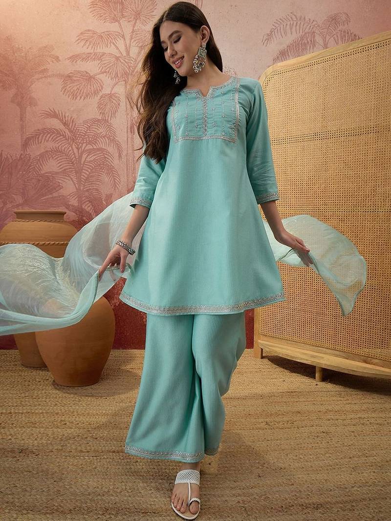 embroidered round neck kurti & palazzos with dupatta