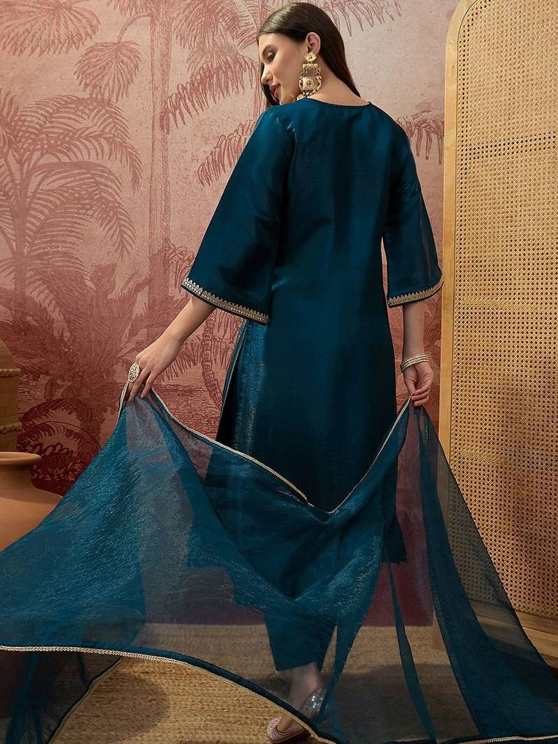 embroidered v-neck kurta & trousers with dupatta