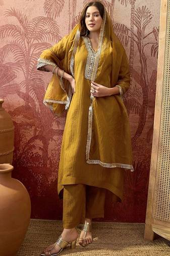 embroidered cotton blend v-neck kurta & trousers with dupatta