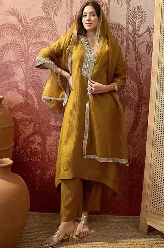embroidered cotton blend v-neck kurta & trousers with dupatta