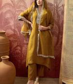 embroidered cotton blend v-neck kurta & trousers with dupatta