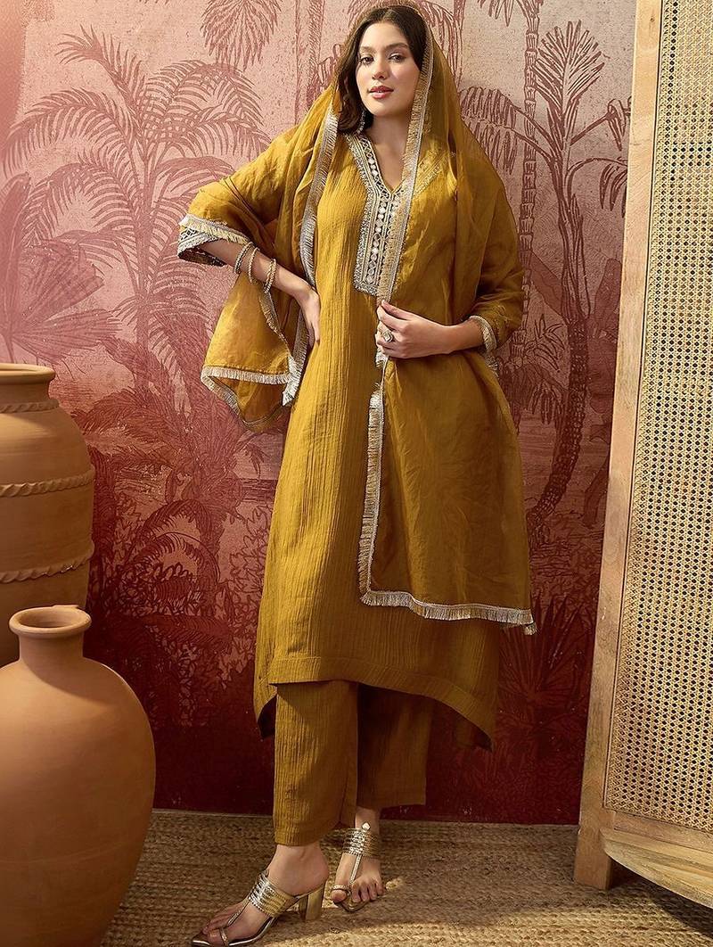 embroidered cotton blend v-neck kurta & trousers with dupatta
