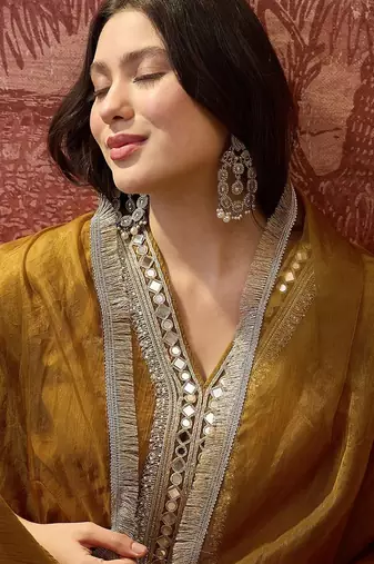 embroidered cotton blend v-neck kurta & trousers with dupatta