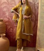 embroidered v-neck kurta & trousers with dupatta