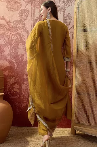 embroidered v-neck kurta & trousers with dupatta