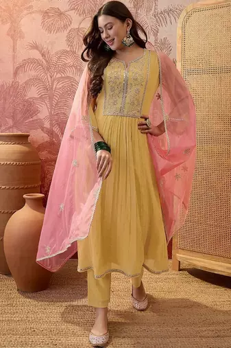 women ethnic motifs embroidered regular sequinned kurta with trousers & with dupatta