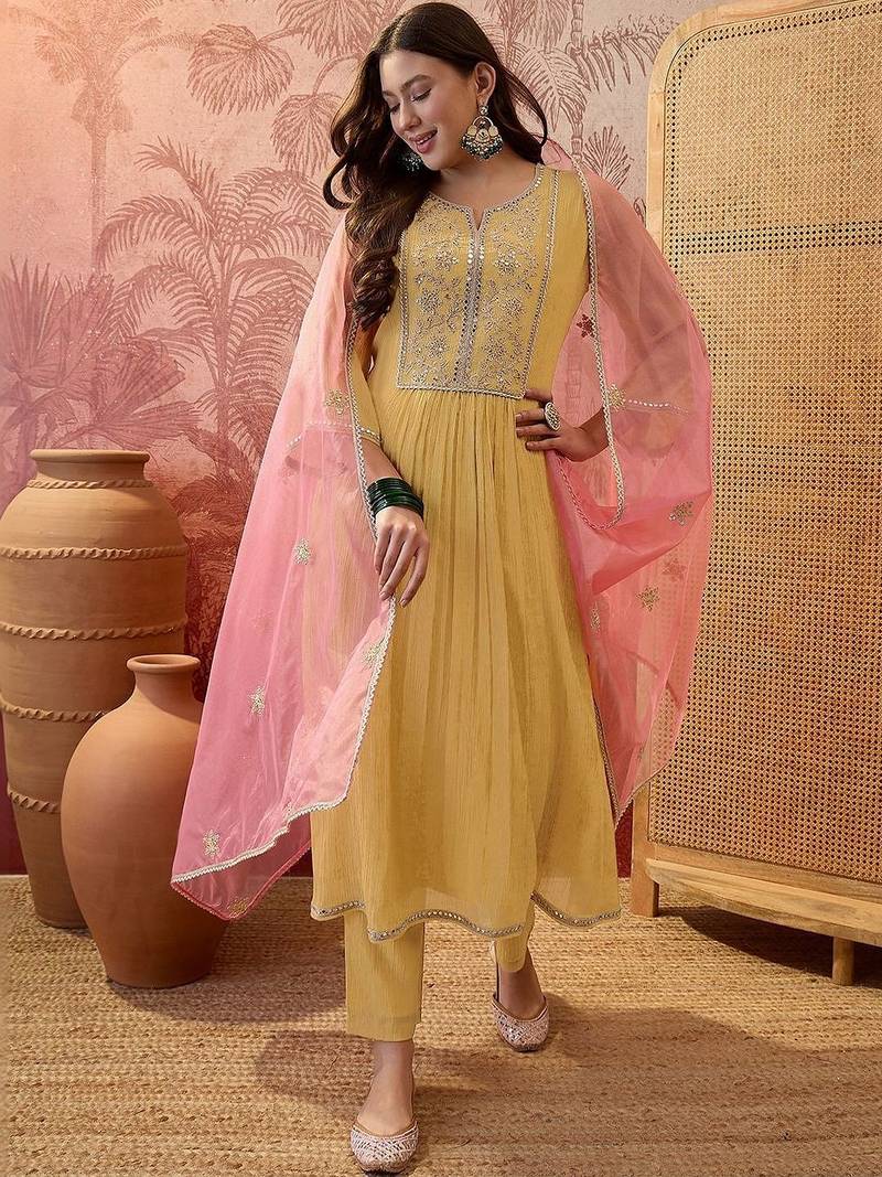 women ethnic motifs embroidered regular sequinned kurta with trousers & with dupatta