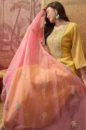 women ethnic motifs embroidered regular sequinned kurta with trousers & with dupatta