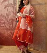 embroidered round neck kurta & trousers with dupatta