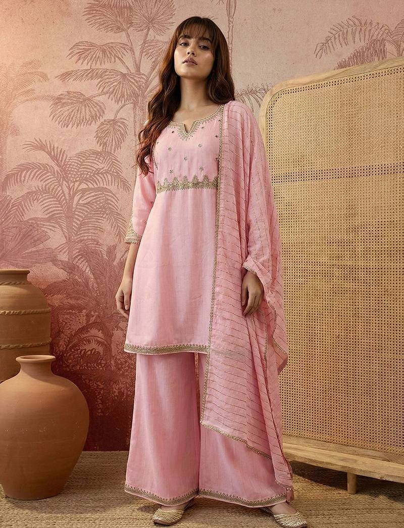 embroidered kurta & palazzos with dupatta