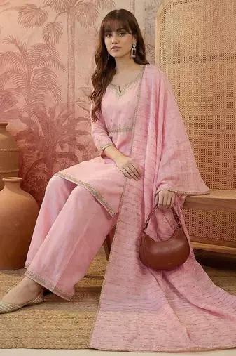 embroidered kurta & palazzos with dupatta