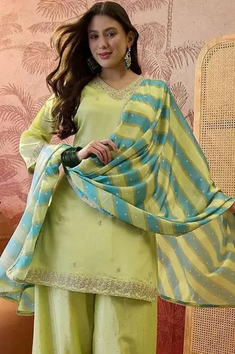 embroidered v-neck kurta & palazzos with dupatta