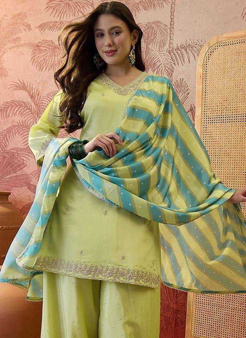 embroidered v-neck kurta & palazzos with dupatta