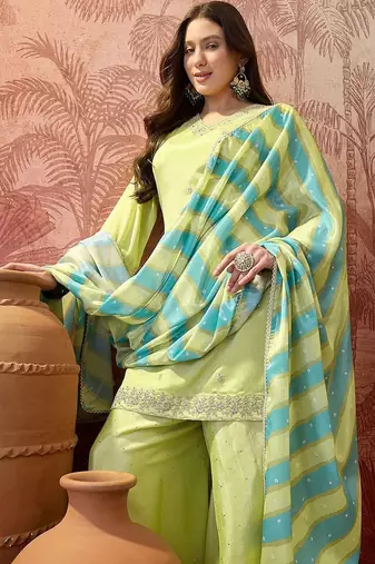 embroidered v-neck kurta & palazzos with dupatta