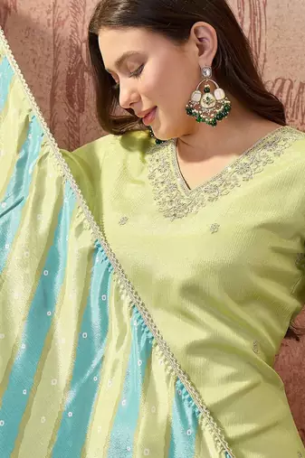 embroidered v-neck kurta & palazzos with dupatta
