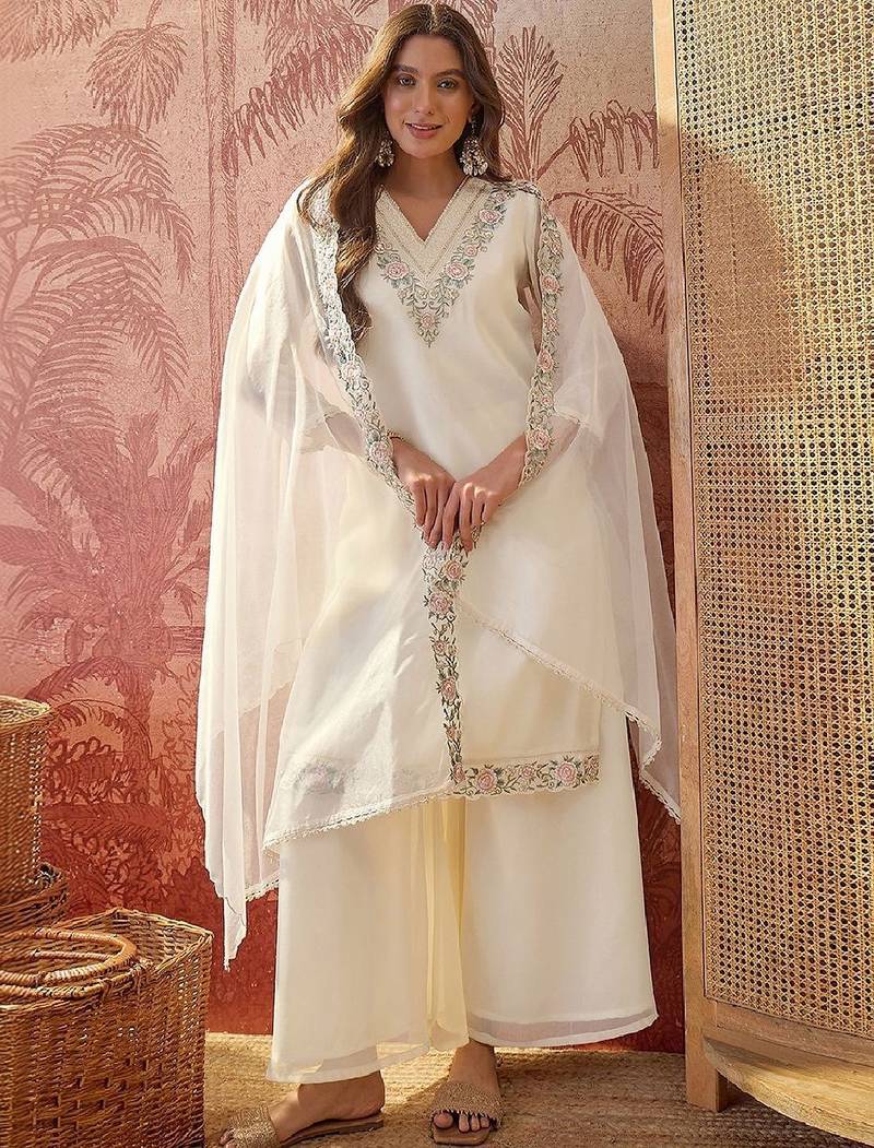 embroidered v-neck kurta & trousers with dupatta