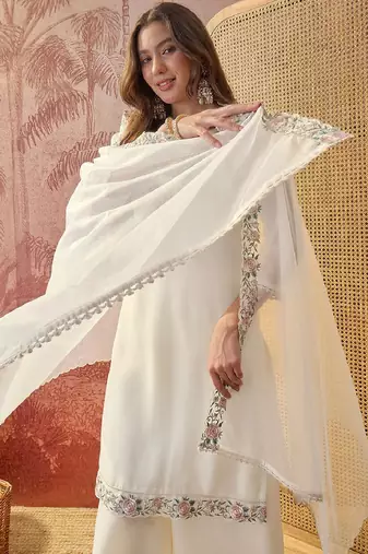 embroidered v-neck kurta & trousers with dupatta