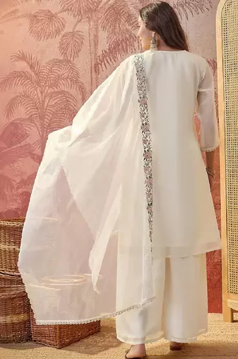 embroidered v-neck kurta & trousers with dupatta