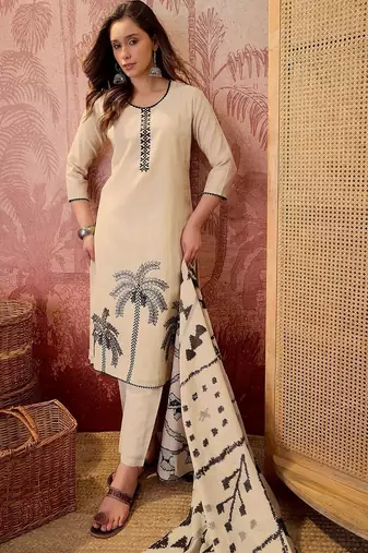 women ethnic motifs embroidered regular thread work kurta with trousers & with dupatta