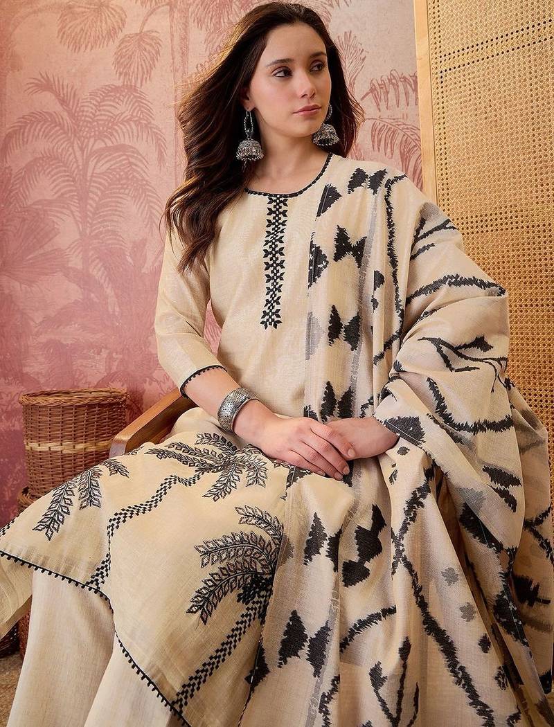women ethnic motifs embroidered regular thread work kurta with trousers & with dupatta